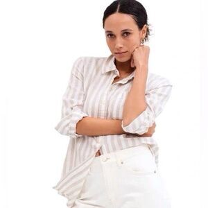Gap The Easy Shirt Womens Large Linen Blend Button Up Long Sleeve Striped Top